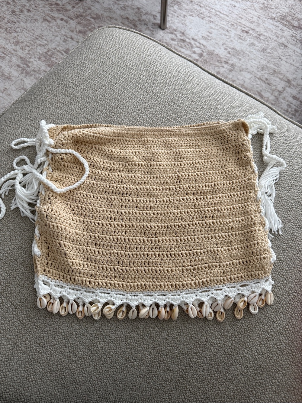 Handmade Beige Crochet Beach Skirt with Shell Fringe